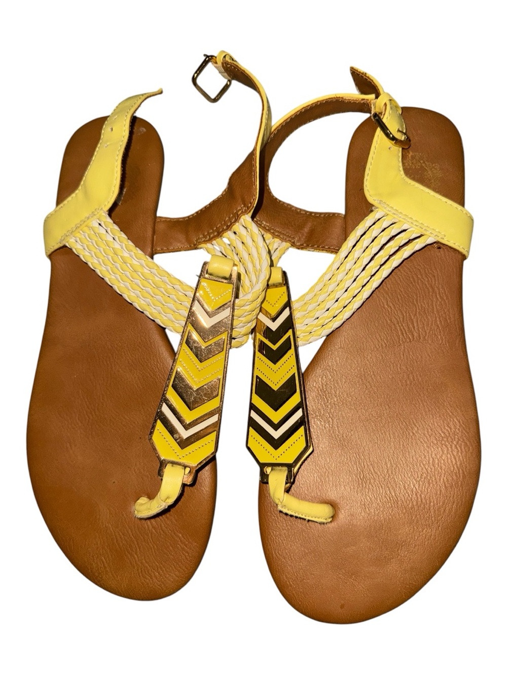Juicy Couture Yellow Braided T-Strap Sandals with Chevron Accent